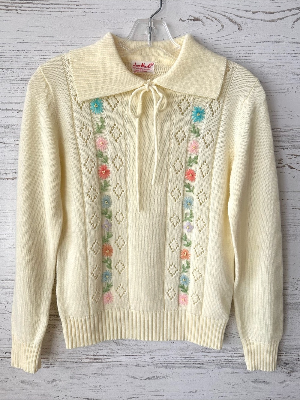 VINTAGE 80s Floral Pointelle Collared Sweater Cottagecore Butter Yellow